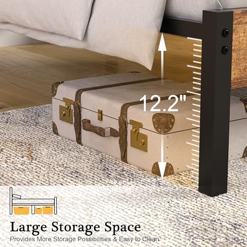 Twin Bed Frame with Wood Storage Headboard & Footboard, Metal Platform, Rustic Brown T518
