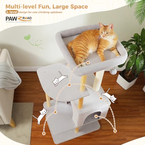Large Beige Wooden Cat Tree with Scratching Posts J544974
