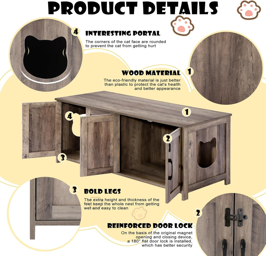 Greige Wooden Cat Litter Box Enclosure with Lockable Door Y80656