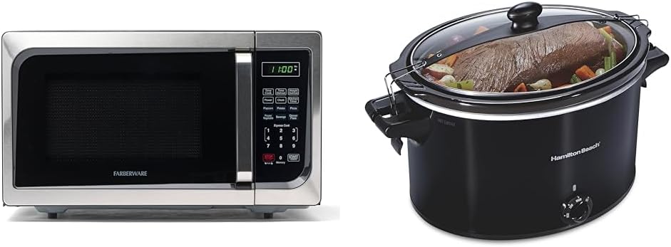 900 Watts 0.9 cu ft Countertop Microwave with LED Lighting & 10 Quart Slow Cooker with Lid Lock N9016
