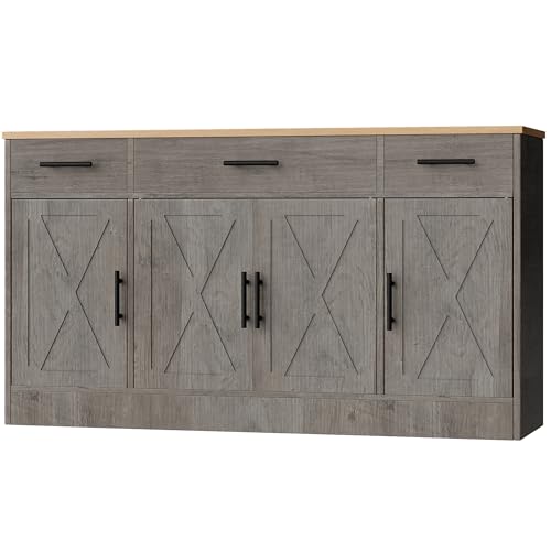 Ash Grey Wood Buffet Cabinet with 3 Drawers and 4 Doors Y504401