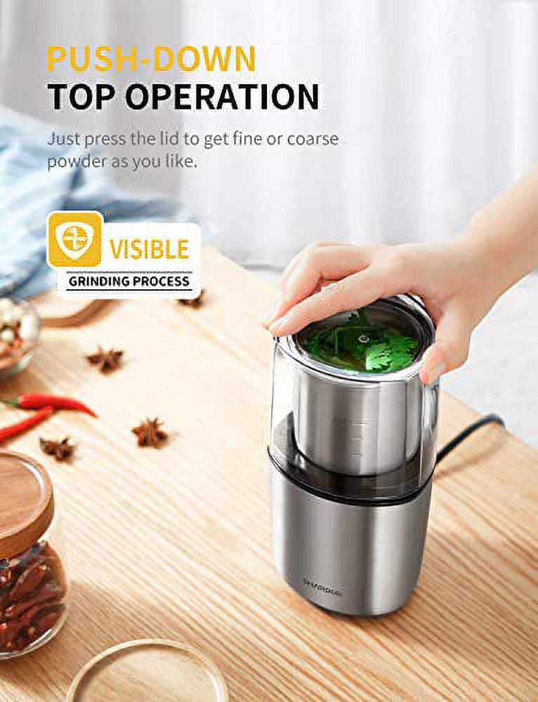 Silver Electric Coffee Grinder with 2 Removable Stainless Steel Bowls J898