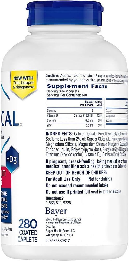 630 mg Calcium Citrate with 1000 IU Vitamin D3 Caplets, 280 Count N684