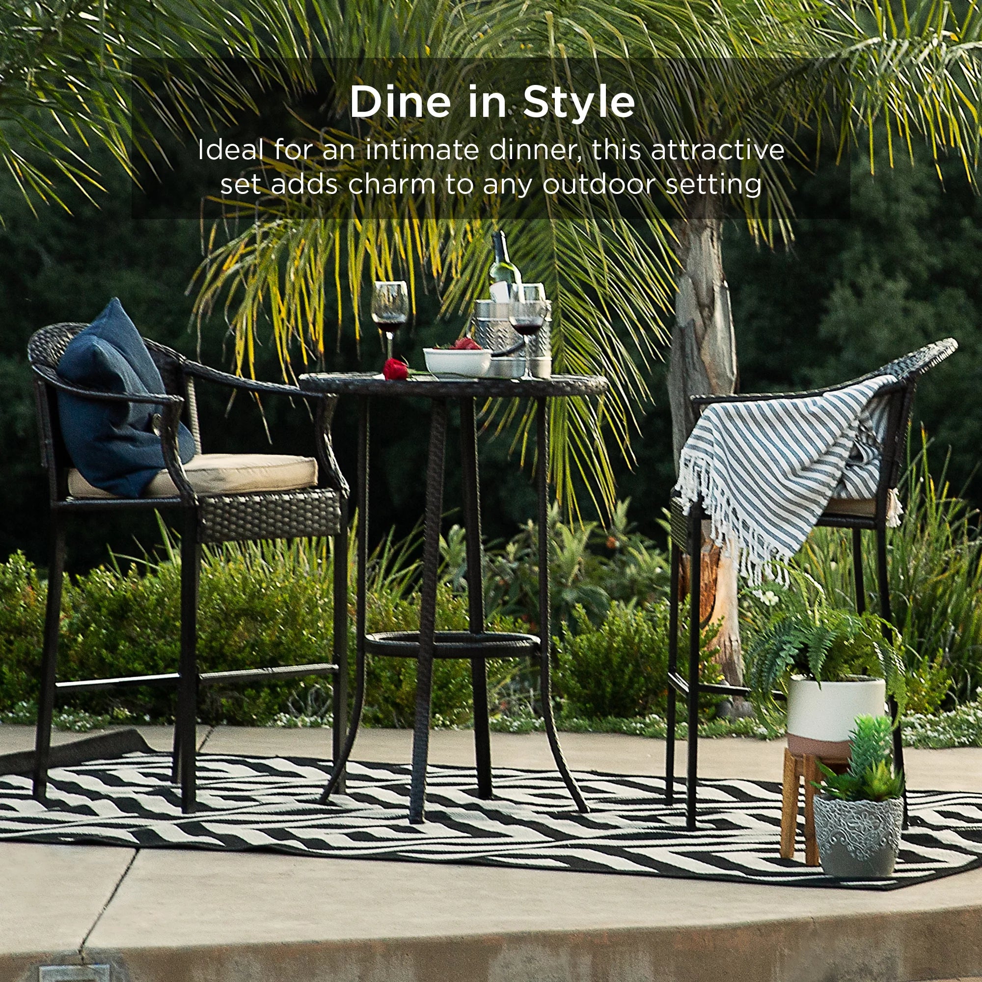 3-Piece Outdoor Wicker Patio Bar Table Bistro Set with Barstools N386205