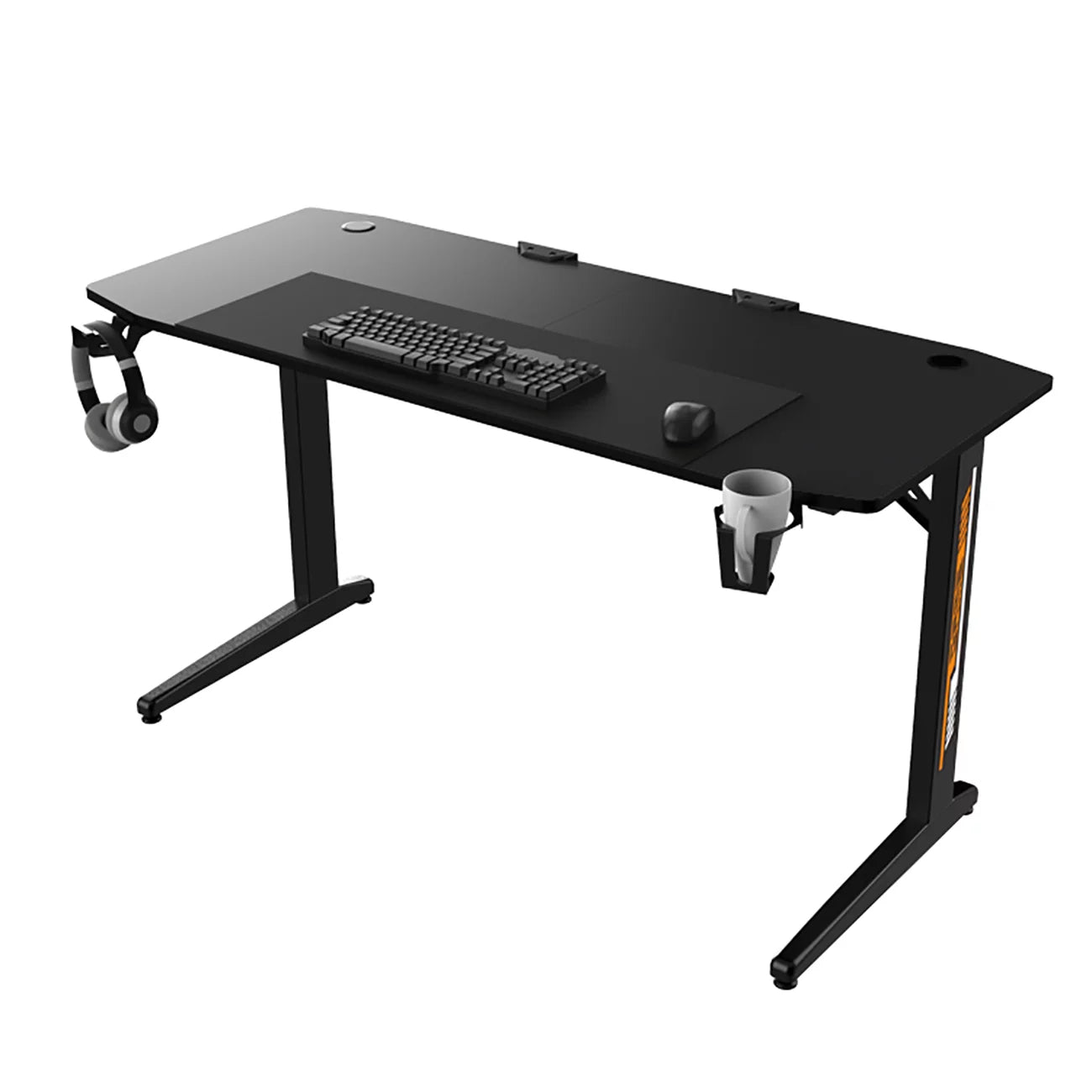 Black Ergonomic Gaming Desk with Headphone Holder, Cup Holder, Mouse Pad A155