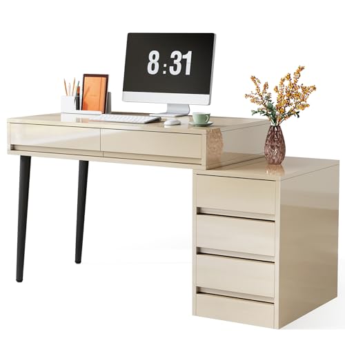 Beige Glossy Desk with 5 Drawers X634