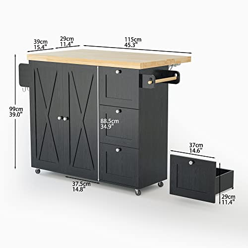 Black Rolling Kitchen Island Cart with Drop-Leaf Countertop, 3 Drawers, Rubberwood Top, on Wheels I767