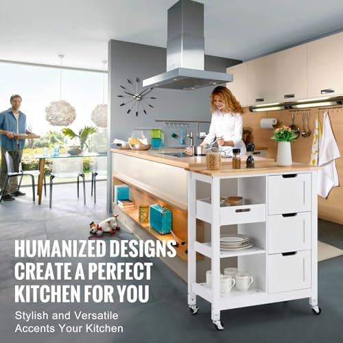 White 26 inch Wood Top Mobile Kitchen Island Cart with 3 Drawers and Shelves Y1844