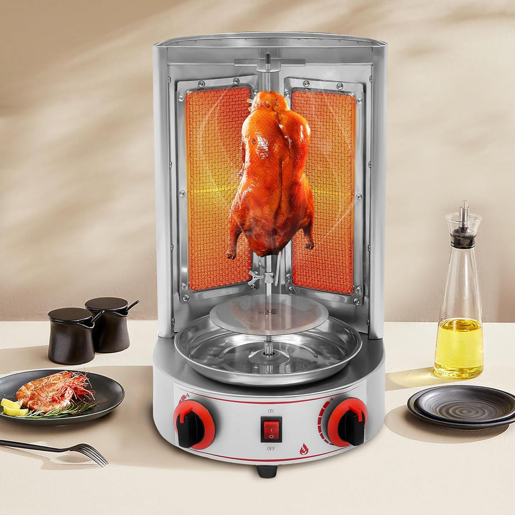 Stainless Countertop Gas Vertical Broiler Rotisserie Grill with 2 Burners E5382