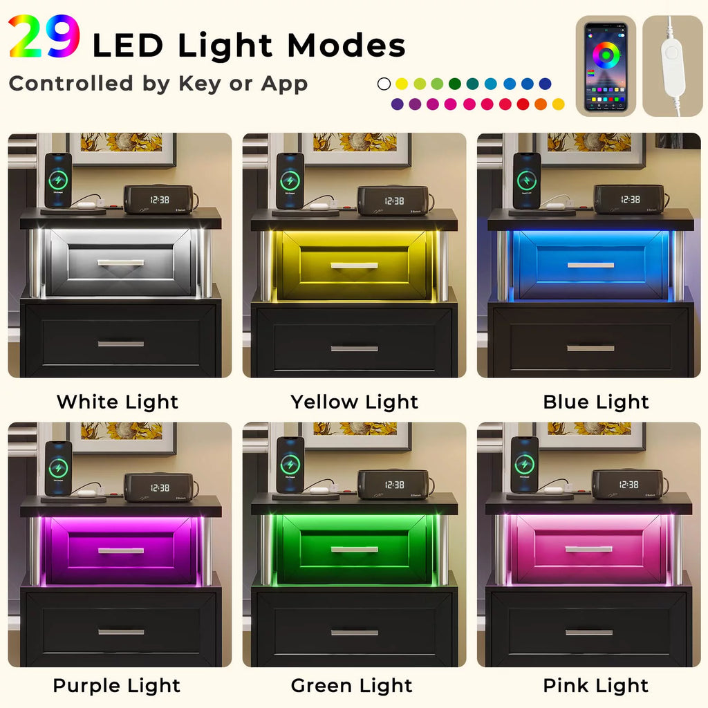 Black LED Nightstand Set of 2 with 3 Drawer U301