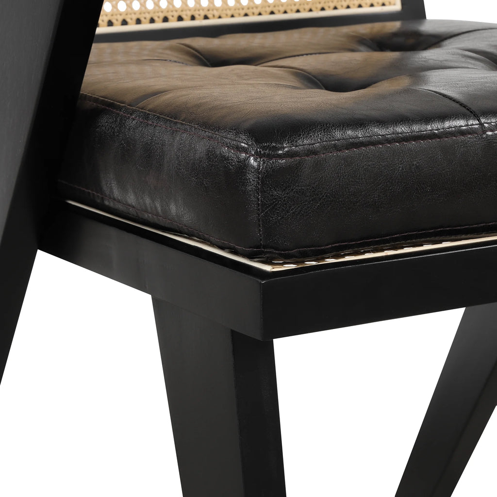 Black Accent Chair with Rattan Backrest and Padded Seat T20822