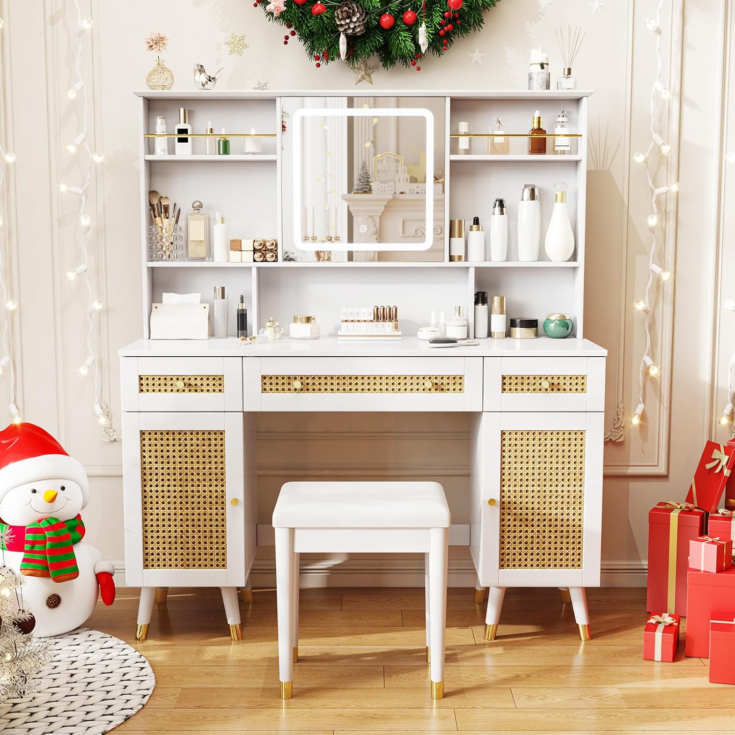 White Rattan Makeup Vanity Desk with Mirror and Lights and Stool L649650