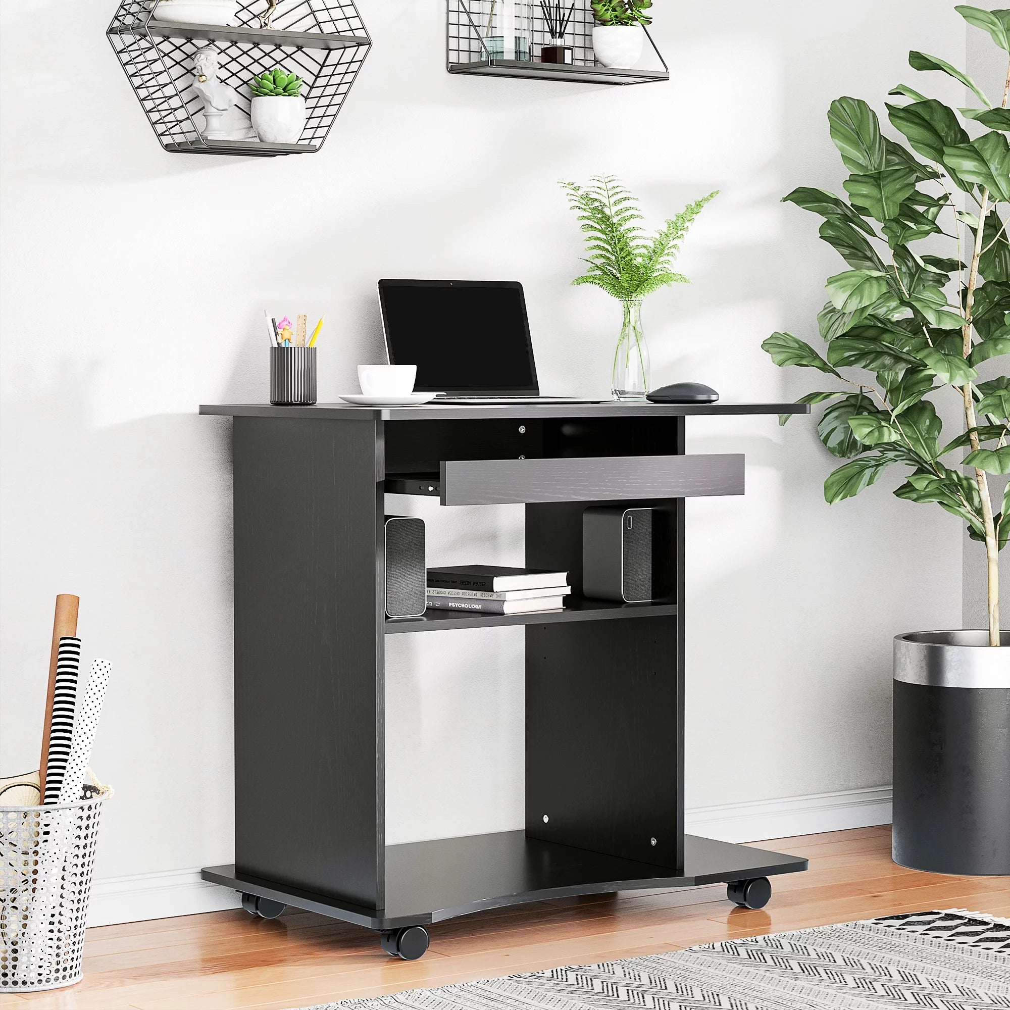 Black Mobile Computer Desk with Keyboard Tray K231