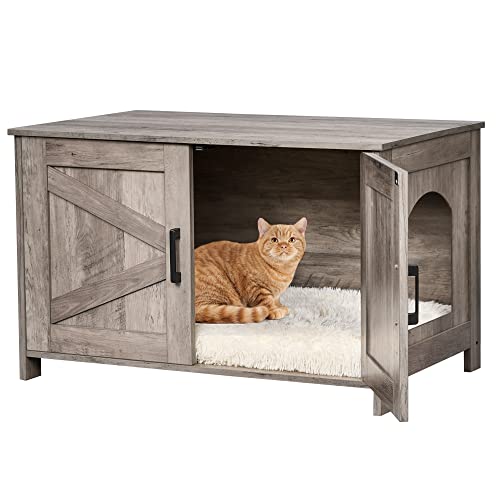 39.4" L Wooden Cat Litter Box Enclosure with Barn Door, Greige T89879