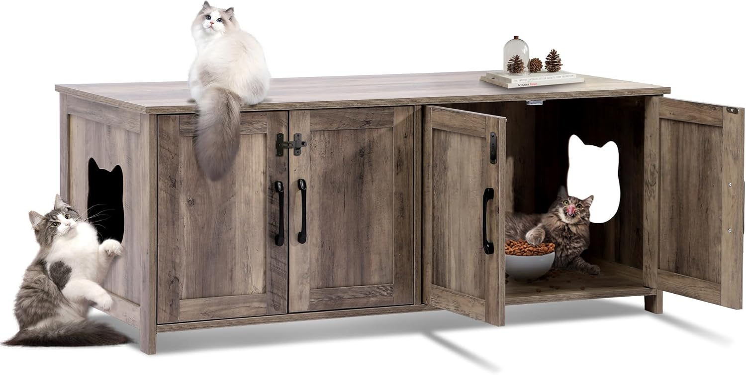 Greige Wooden Cat Litter Box Enclosure with Lockable Door Y80656