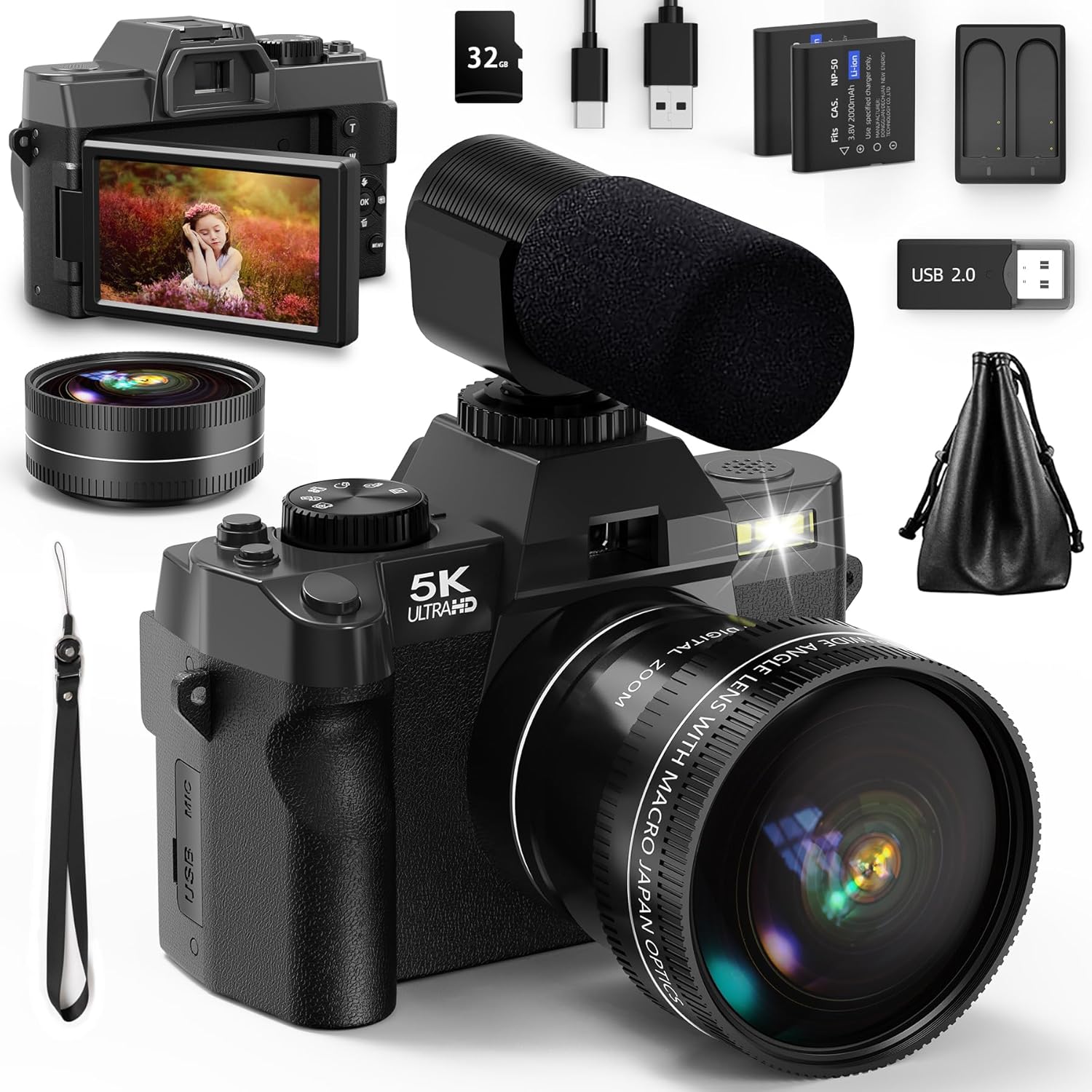 5K 48MP Autofocus Vlogging Camera with 32GB TF Card & 2 Batteries N96322