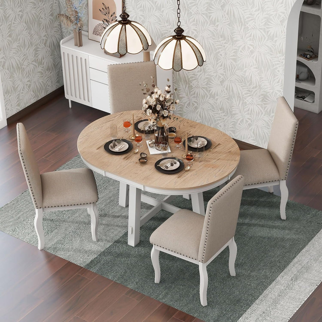 5-Piece Round Dining Table and Upholstered Chair Set with Shelf L2644