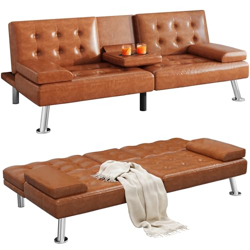 Black Faux Leather Futon Sofa Bed with Removable Armrests T6872