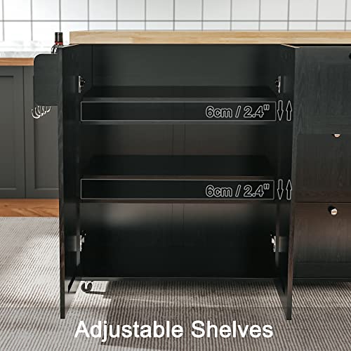 Black Rolling Kitchen Island Cart with Drop-Leaf Countertop, 3 Drawers, Rubberwood Top, on Wheels I767