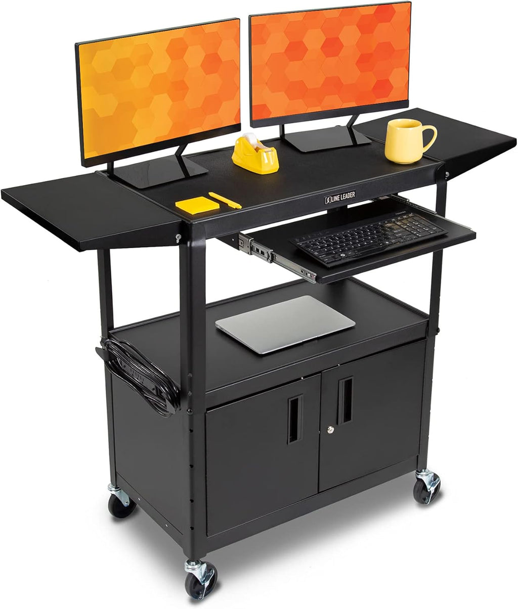 Large AV Cart with Locking Cabinet & Drop Leaves, Height Adjustable Utility Cart, Includes Pullout Keyboard Tray & Cord Management (54in x 18in x 42in / Black) Y6875