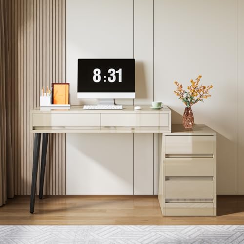 Beige Glossy Desk with 5 Drawers X634