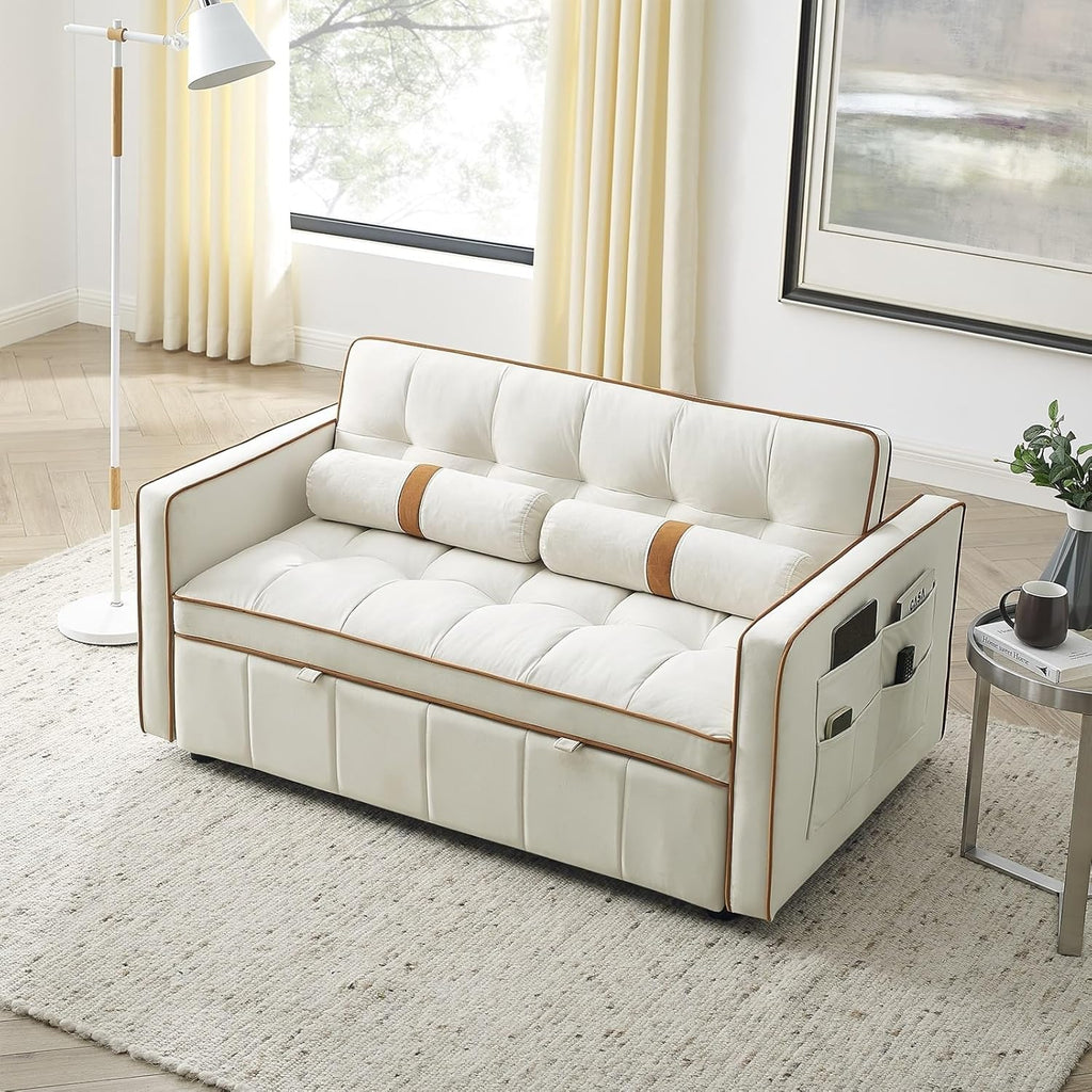 Beige 2 Seater Sleep Sofa Bed with Side Pockets E5151