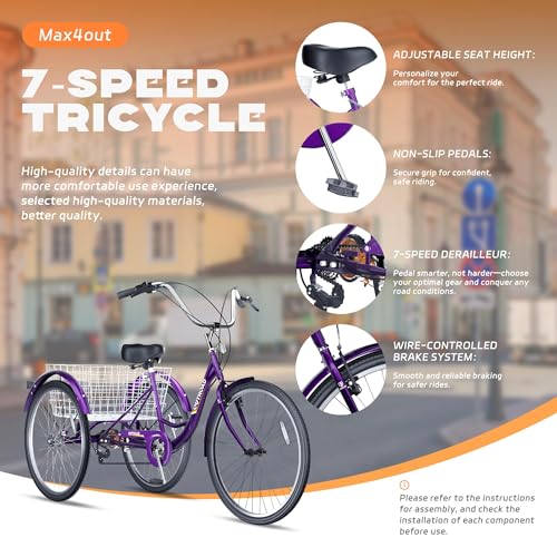 24 Inch Blue 7-Speed Adult Tricycle with Large Basket L899893