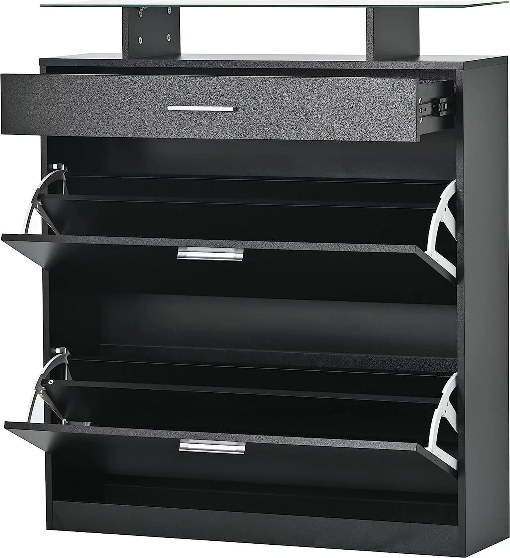 Black Slim Shoe Cabinet with 2 Flip Drawers and Tempered Glass Top G577