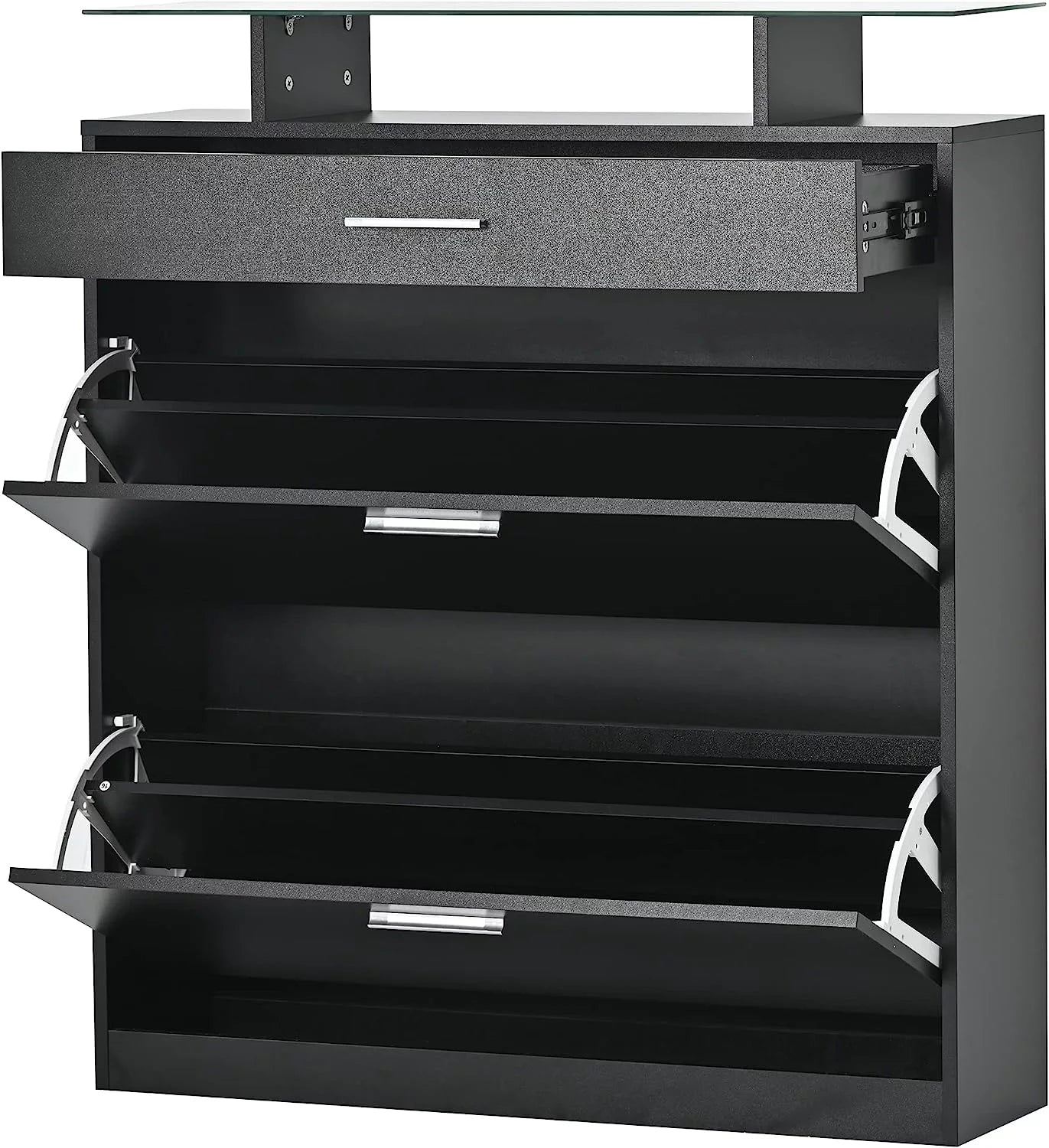 Black Slim Shoe Cabinet with 2 Flip Drawers and Tempered Glass Top G577