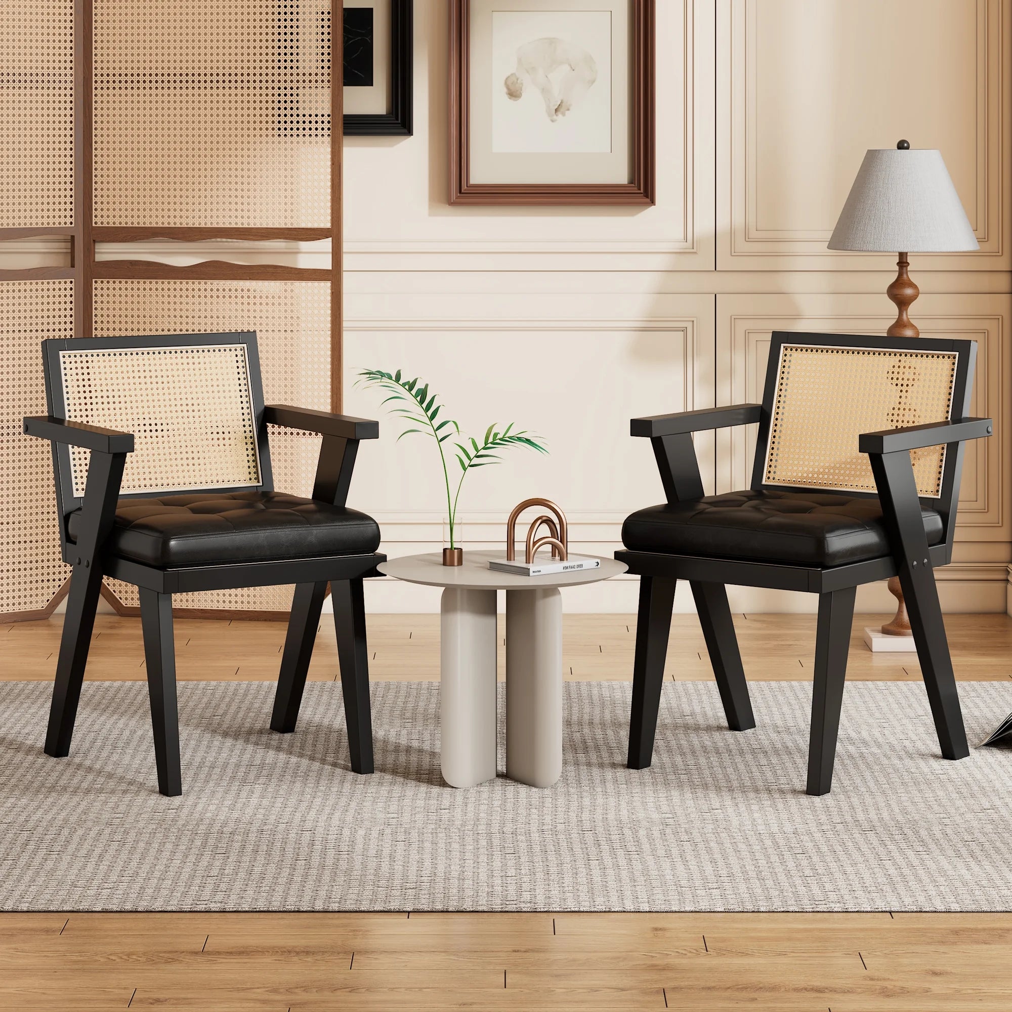 Black Accent Chair with Rattan Backrest and Padded Seat T20822