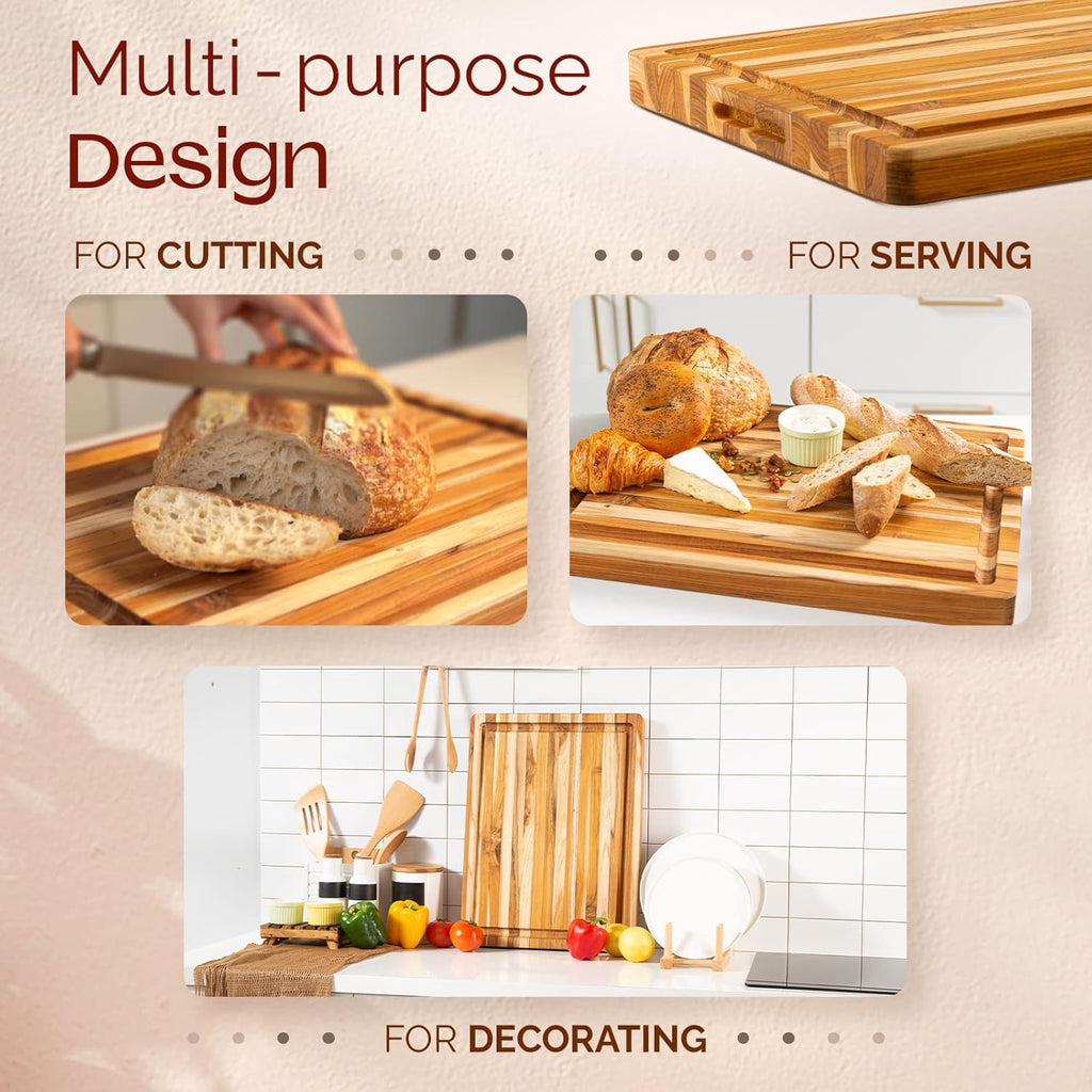 Set of 2 Teak Wood Cutting Board with Juice Groove and Handles - 17 inches + 20 inches W1868