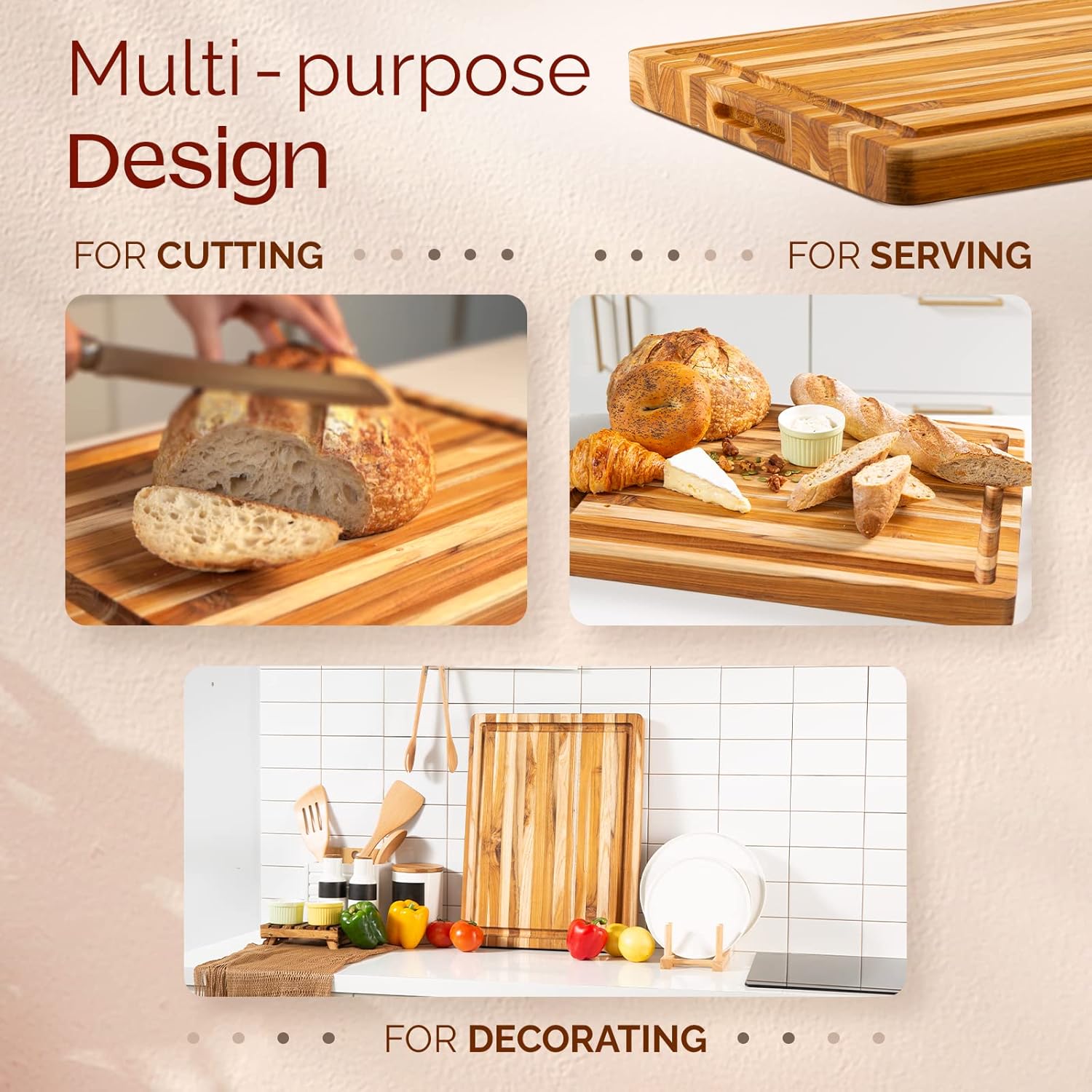 Set of 2 Teak Wood Cutting Board with Juice Groove and Handles - 17 inches + 20 inches W1868