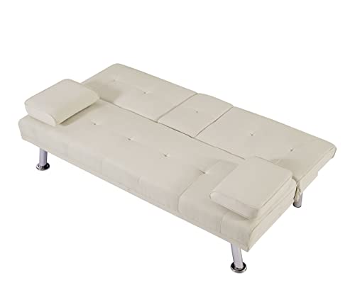 Beige PU Leather Convertible Folding Futon Sofa Bed Y450