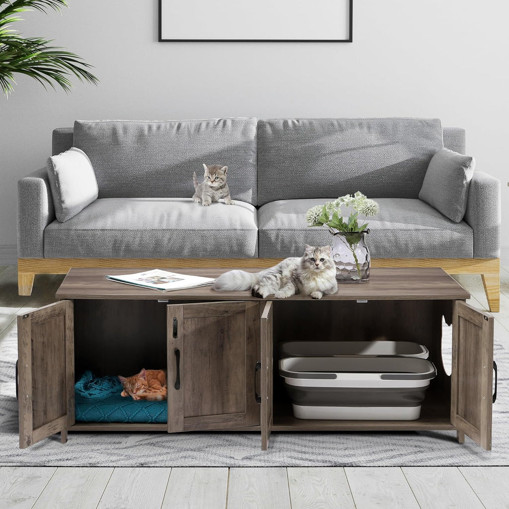 Greige Wooden Cat Litter Box Enclosure with Lockable Door Y80656