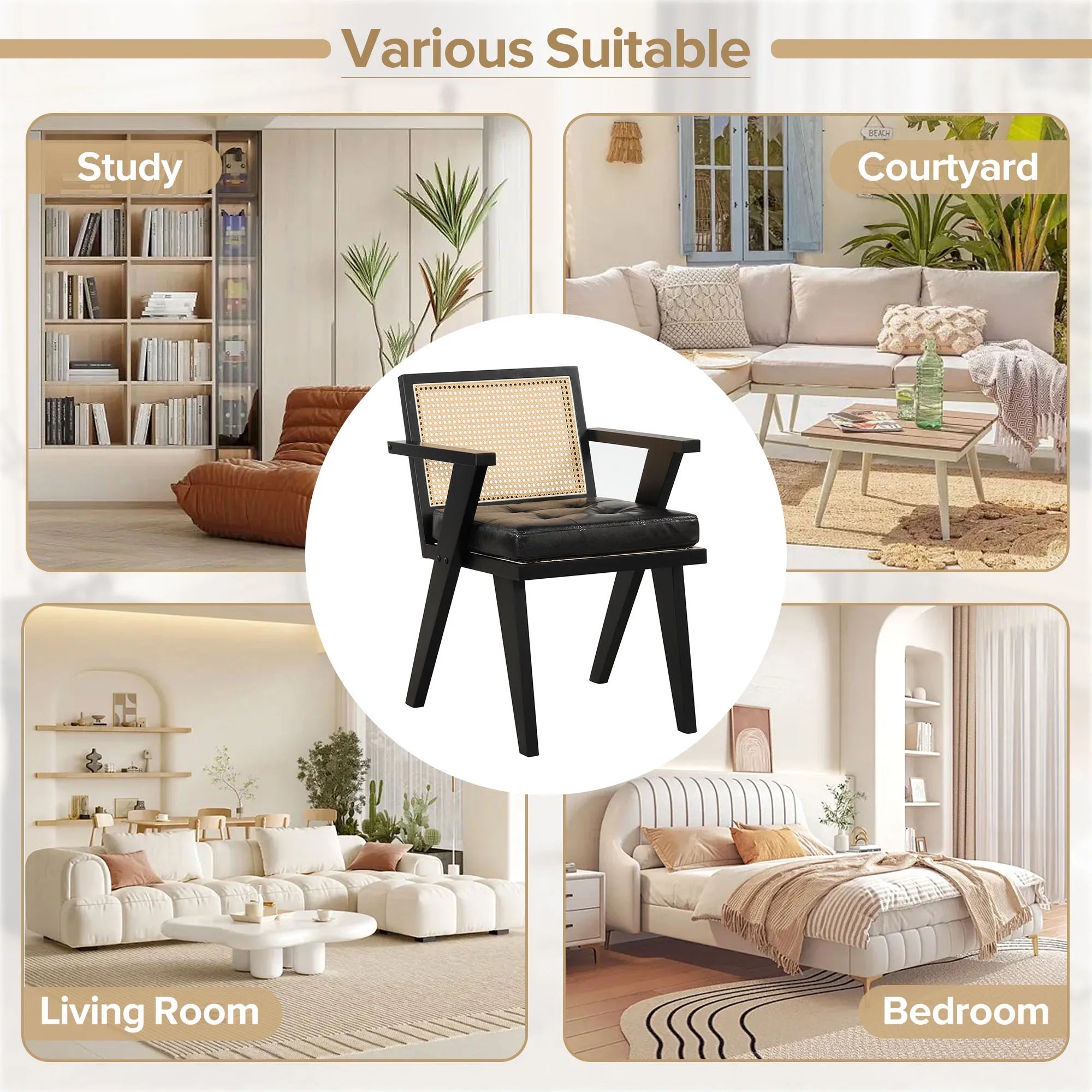 Black Accent Chair with Rattan Backrest and Padded Seat T20822