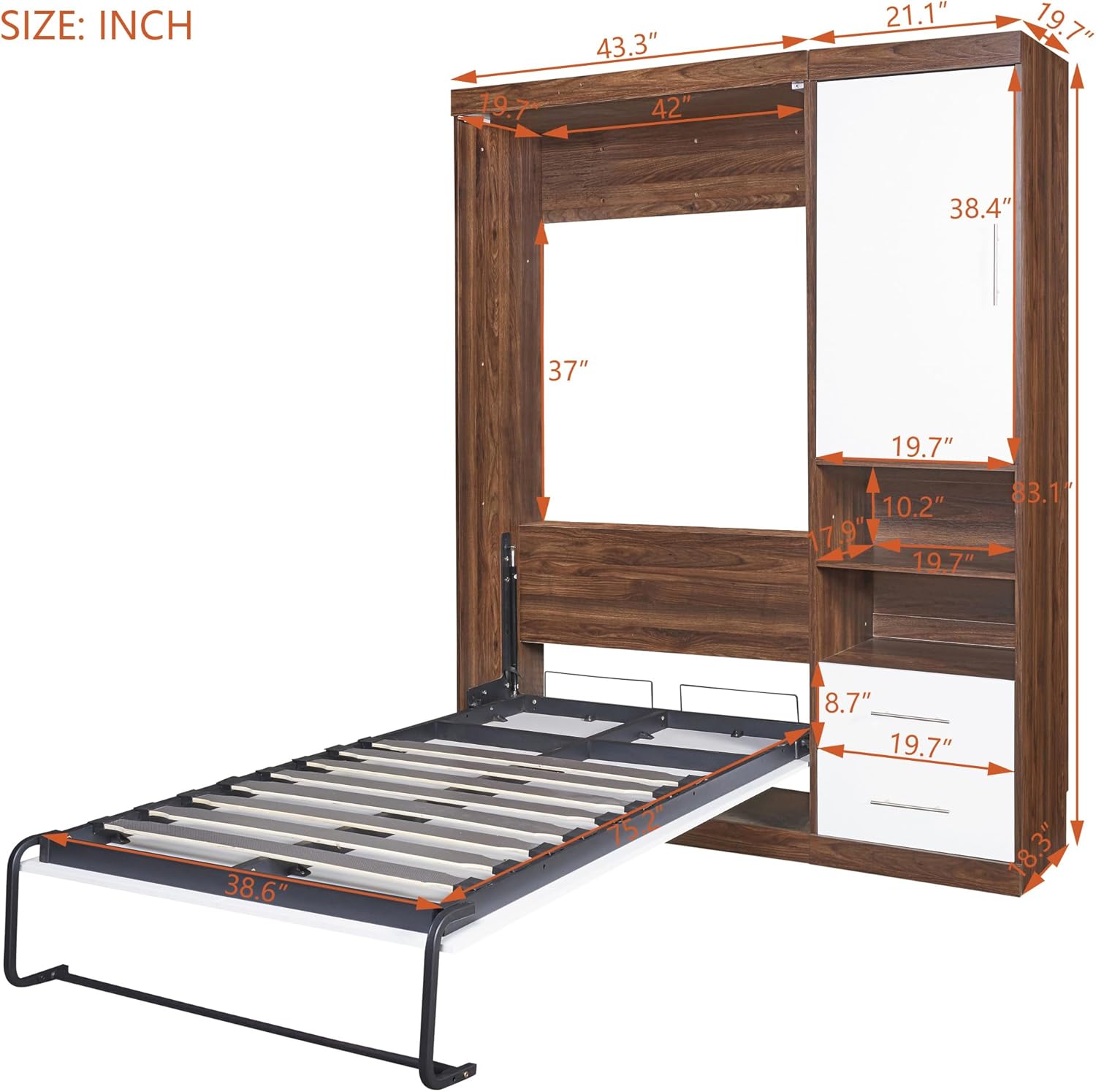 Twin Size Murphy Bed with Cabinet Gray T7150