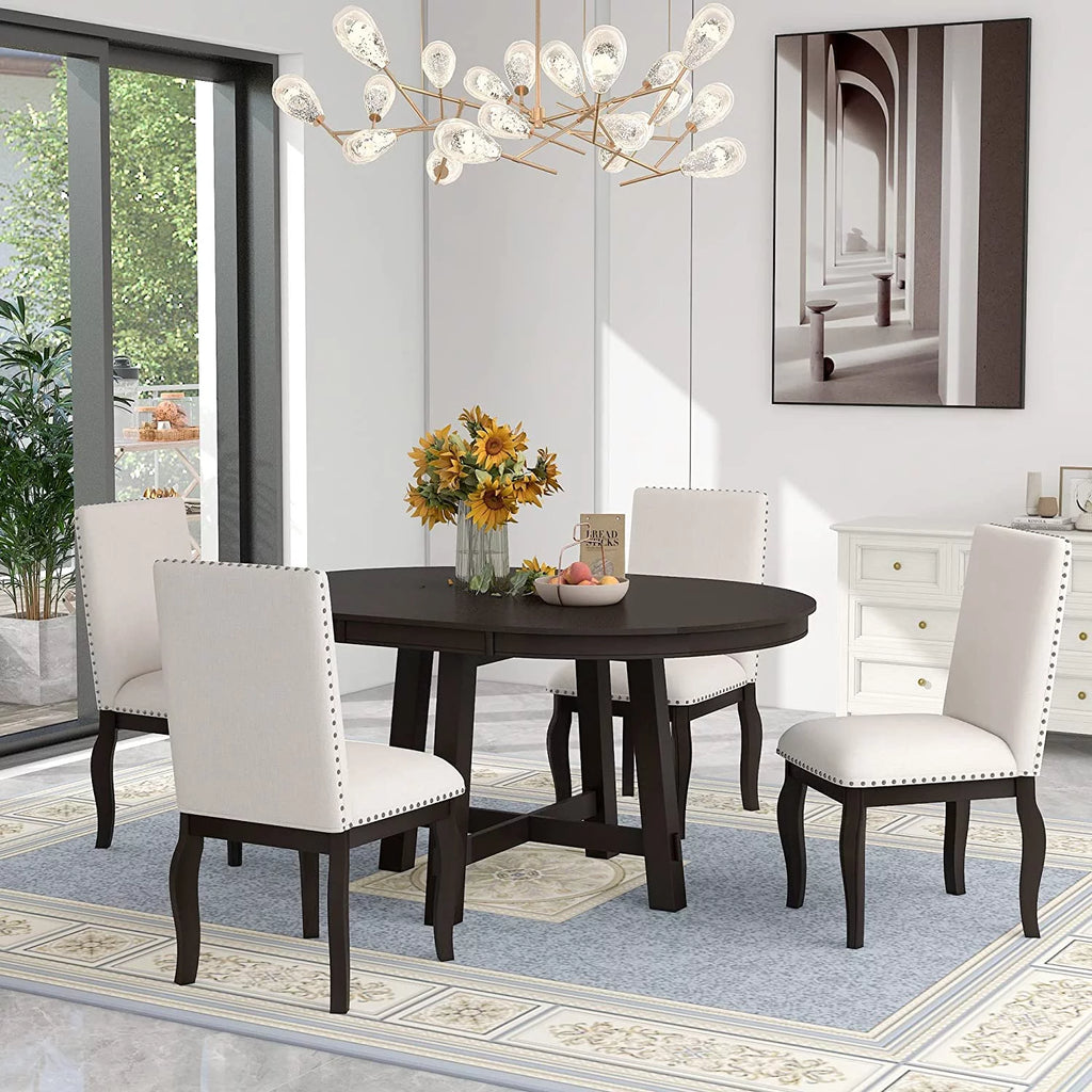 5-Piece Round Dining Table and Upholstered Chair Set with Shelf L2644