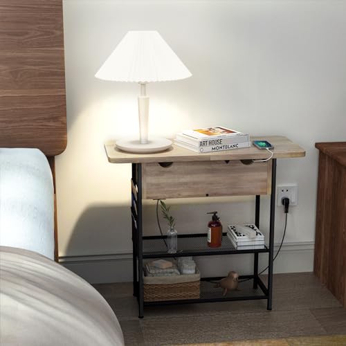 Rustic Brown Narrow Side Table with USB C Ports and Outlets and Drawers V4288