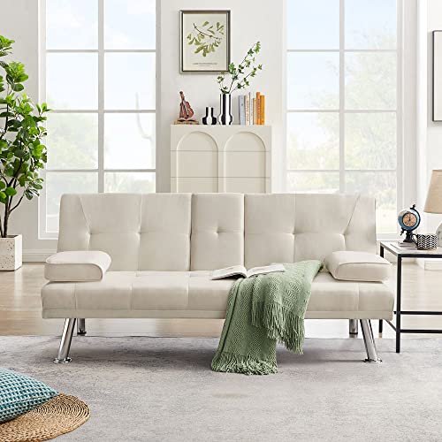Beige PU Leather Convertible Folding Futon Sofa Bed Y450