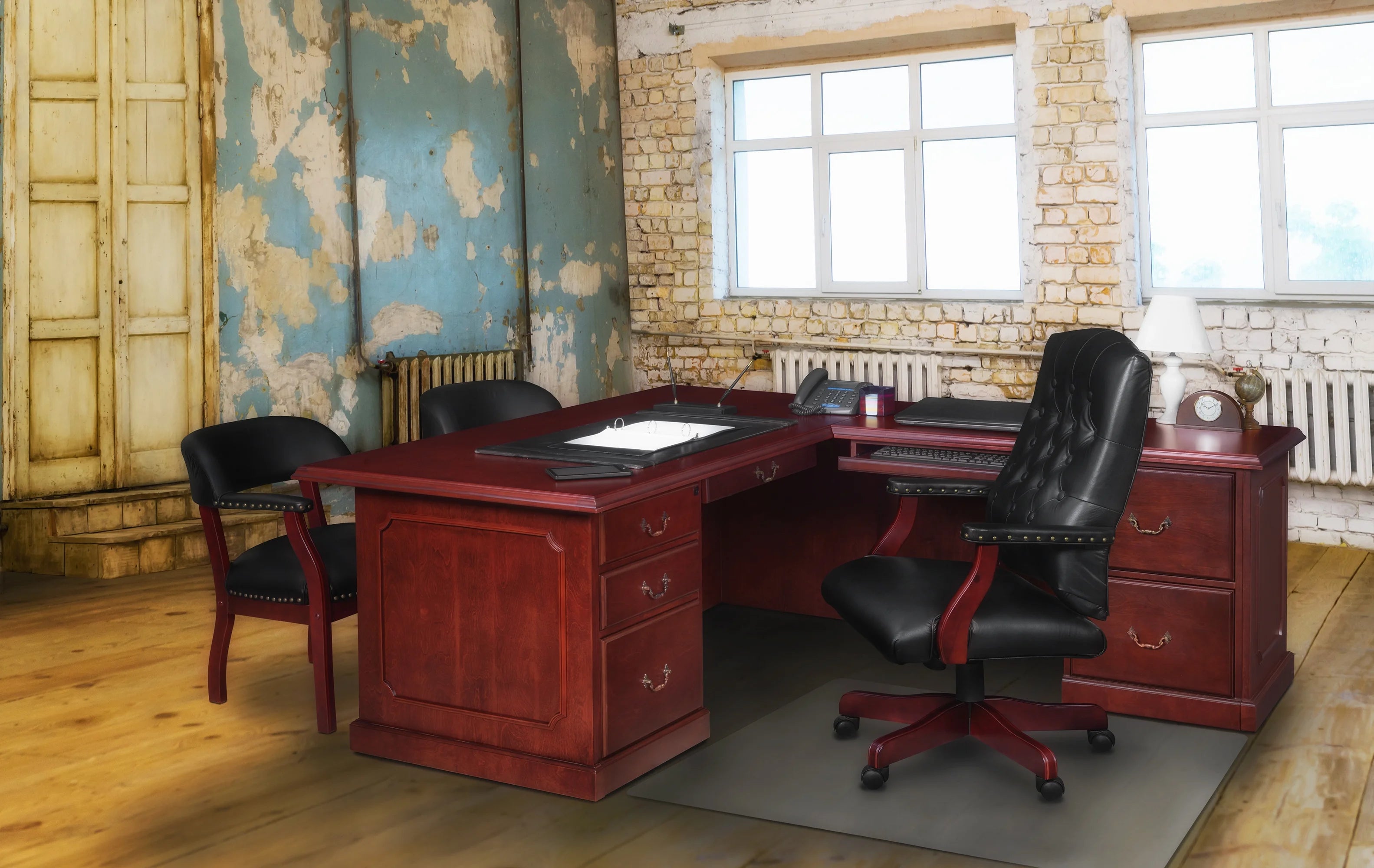Mahogany L Shape Desk with Double Pedestal Drawer Unit A18701