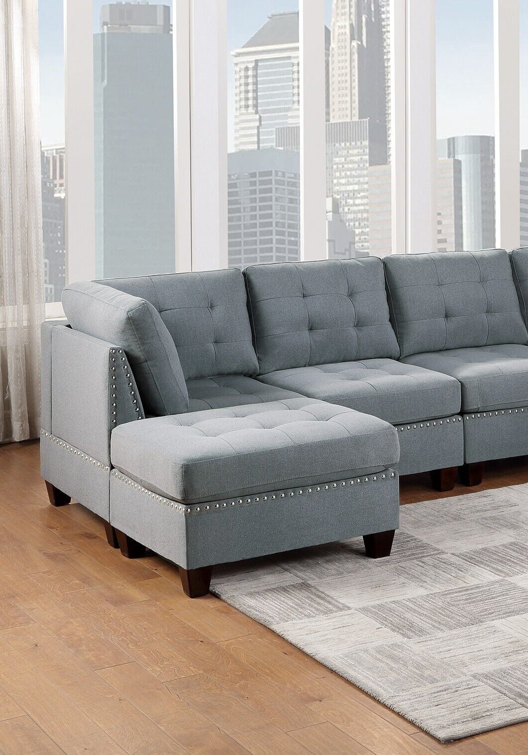 Gray Fabric 6pc U-Sectional Couch with 2 Corner Wedge, 2 Armless Chairs, 2 Ottomans P6675