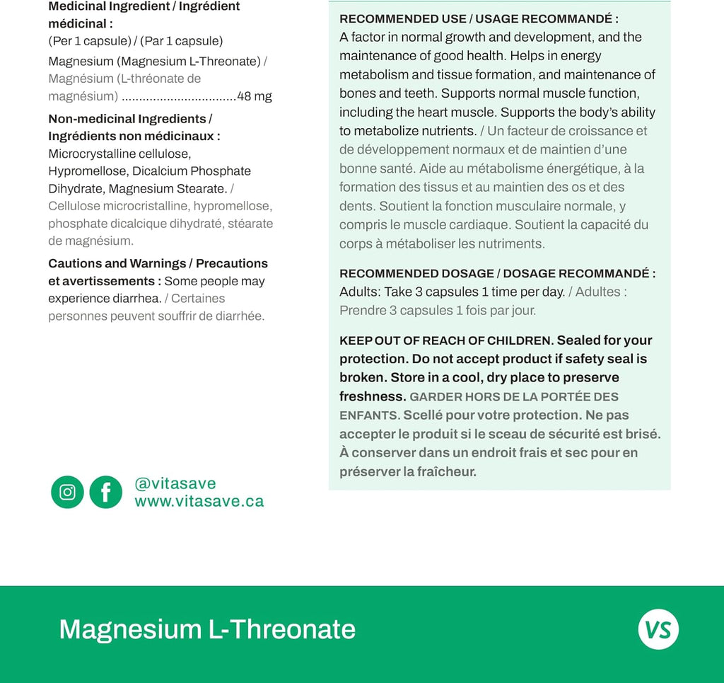 120 Capsules Magnesium L-Threonate, 144mg Elemental Magnesium, Non-GMO B897626