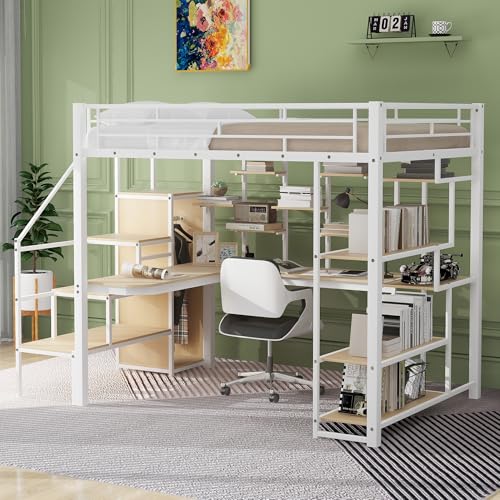 Black Full Size Metal Loft Bed with Storage Staircase and Wardrobe B788211