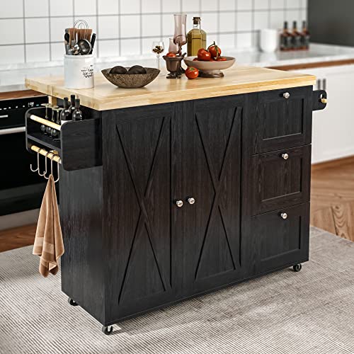 Black Rolling Kitchen Island Cart with Drop-Leaf Countertop, 3 Drawers, Rubberwood Top, on Wheels I767