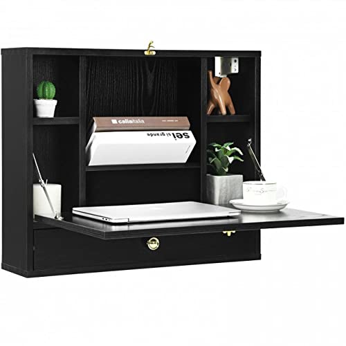Black Wall Mounted Floating Desk with Drawer & Shelves P60923
