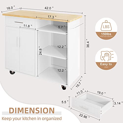 White Kitchen Island with Drop Leaf and Storage on Wheels Y749274