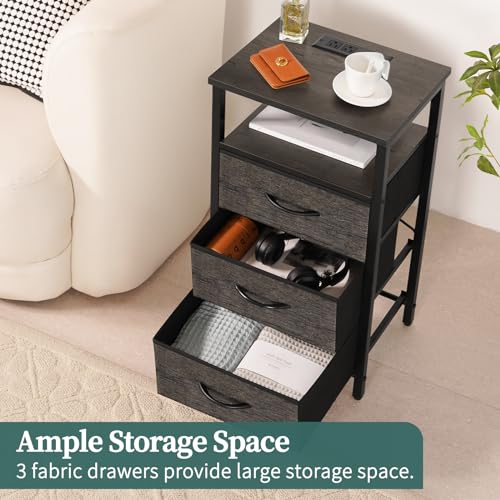 Grey Nightstand with 3 Fabric Drawers and Charging Station C832