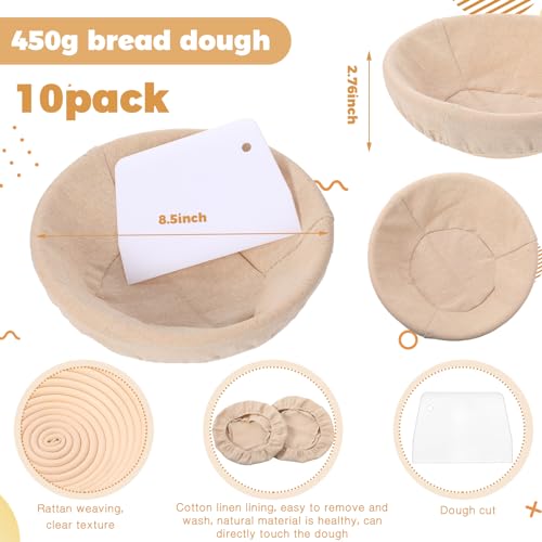 10 Pieces Banneton Bread Proofing Basket Round with Liners and Scrapers (8.5 Inch) D9968