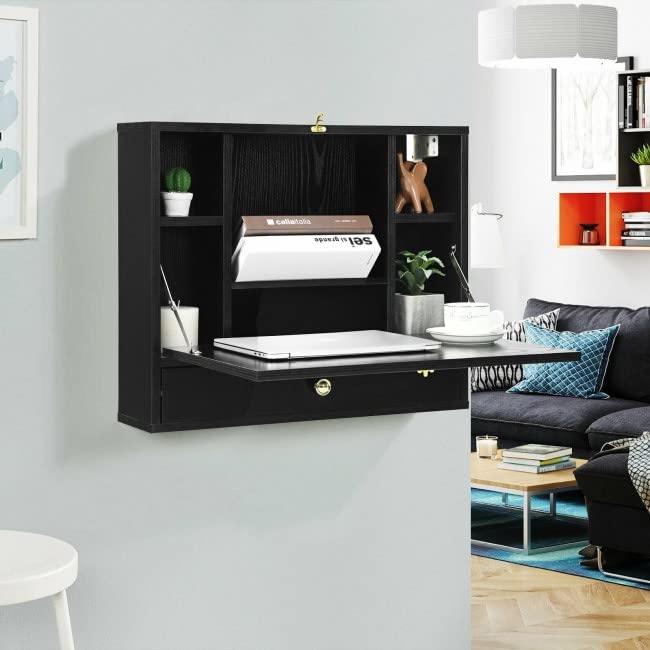 Black Wall Mounted Floating Desk with Drawer & Shelves P60923
