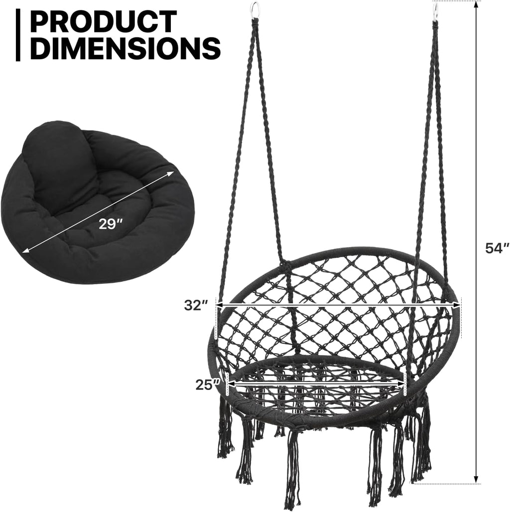 Black Hanging Hammock Chair with Large Padded Cushion, 350 Lbs Capacity N85496
